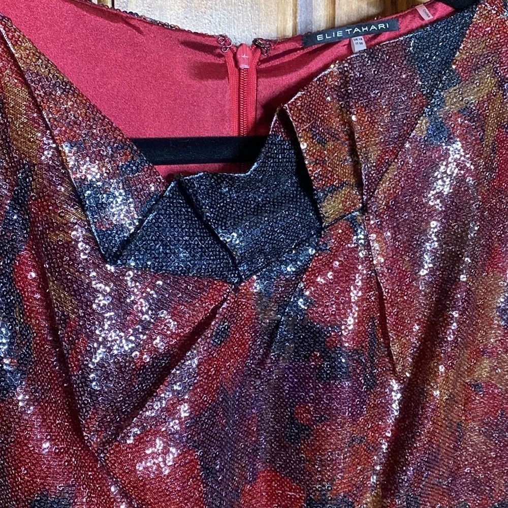 Elie Tahari Lori China Red Multi Sequin Sleeveless Shift Cocktail Dress Sz 14 - Picture 7 of 13